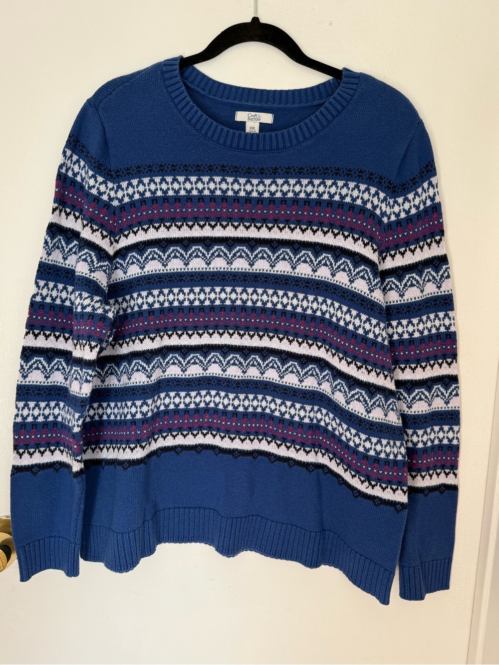 croft & barrow Blue Fair Isle Crewneck Sweater with White and Purple Accents